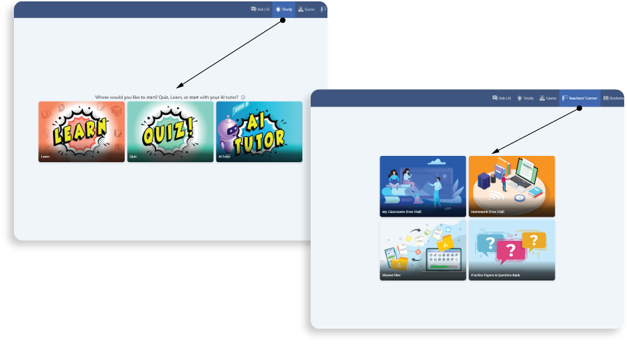 2 screens presenting navigation in Study and Teacher's corner sections